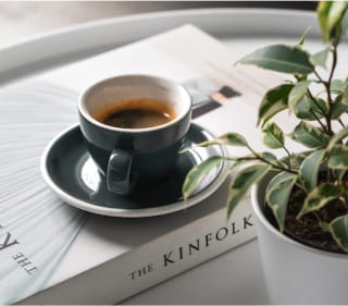 写真:真ん中に本の上に乗ったコーヒーカップと右手前に植木鉢